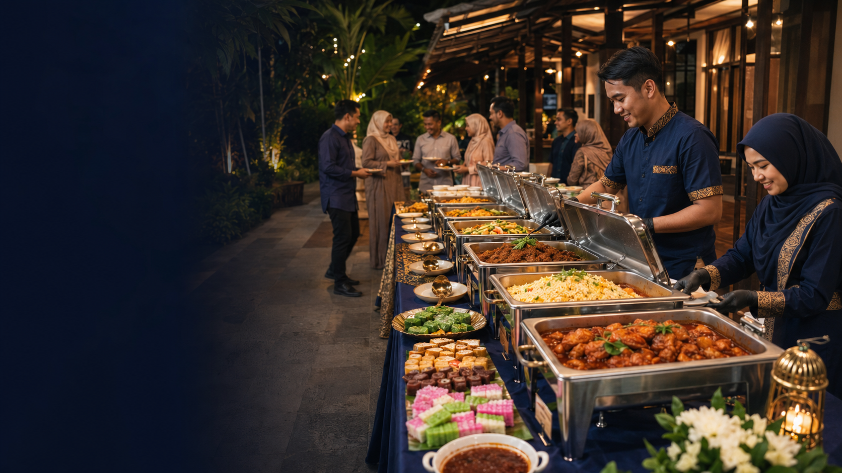 A Malaysian buffet catering event with guests and serving staff